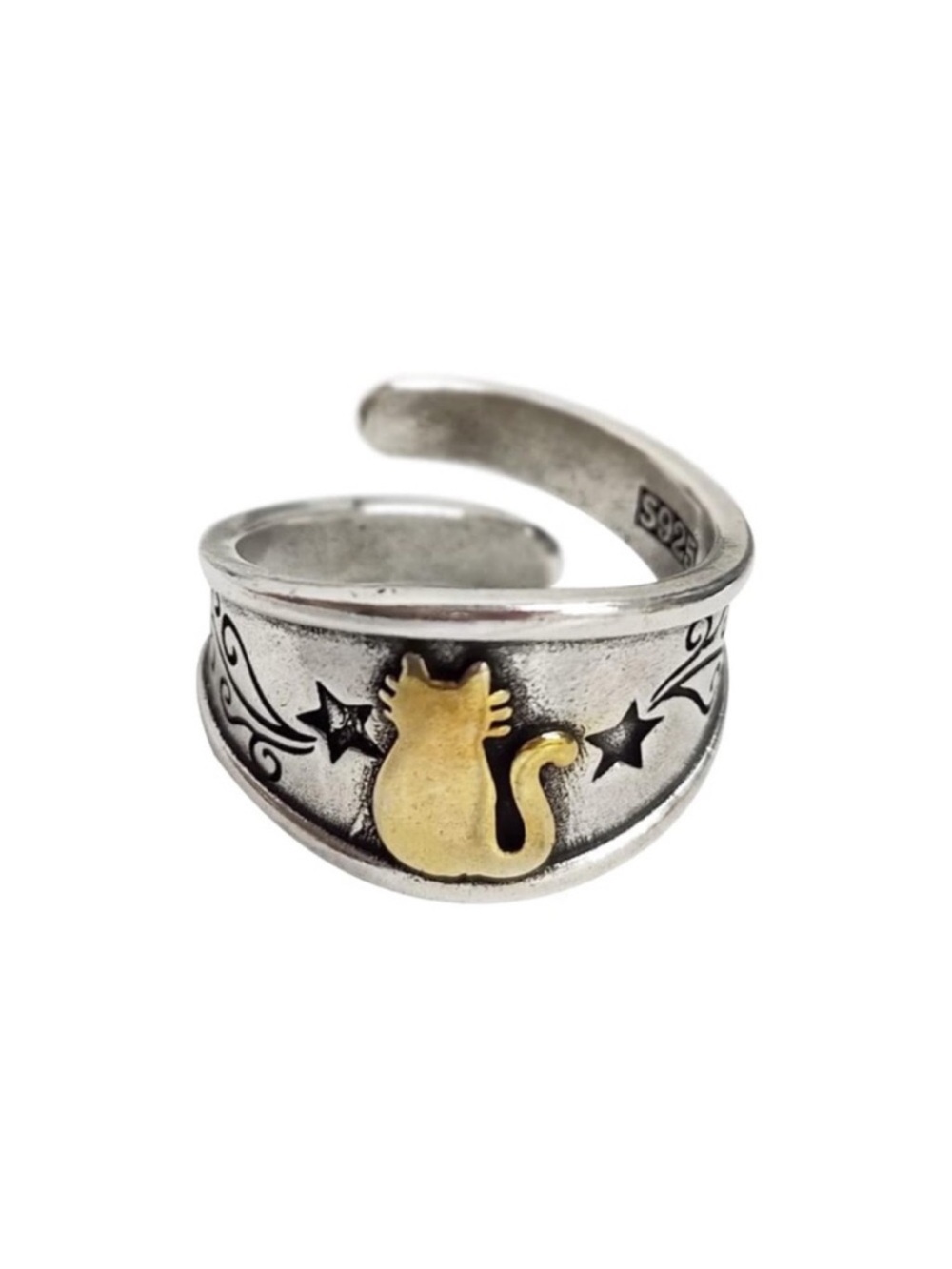 Antique Silver Gold Cat Ring (one size) Adjustable new